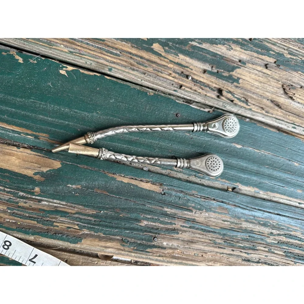 Vintage Alpaca Silver Yerba Mate Bombilla Tea Straws Set of 2 Chased Floral 8
